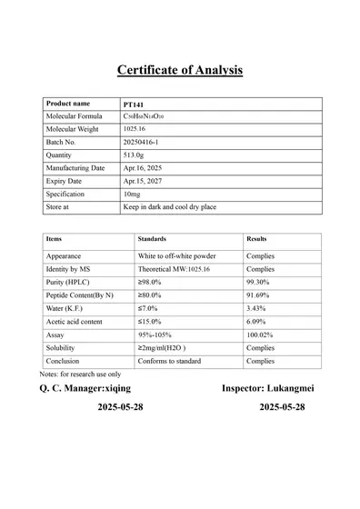 PT141 10mg COA 2025-05-28