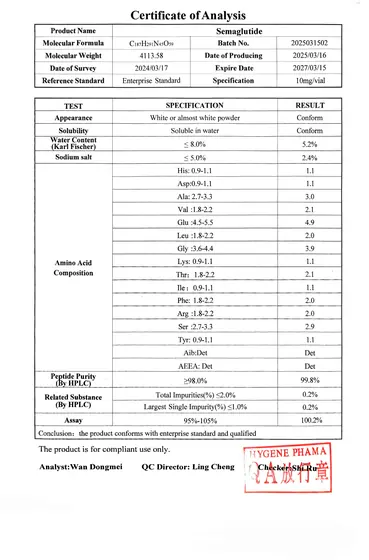 Semaglutide 10mg/vial · 1/2 COA 2025-03-16